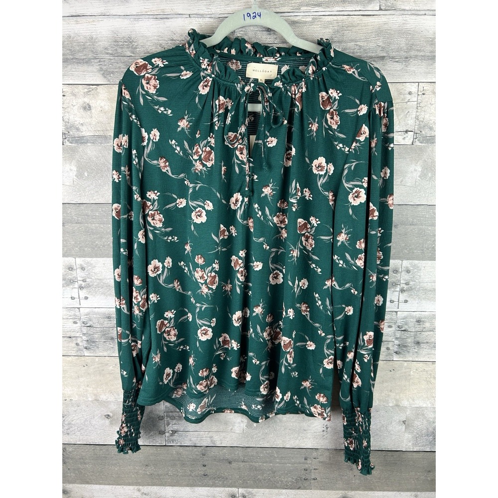 Melloday XL Green Floral Cuffed Mock Flutter Neck Long Sleeve Blouse